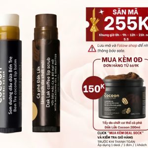 Combo son tẩy da chết môi Cà phê đắk lắk cocoon5g + son dưỡng môi dầu dừa bến tre cocoon5g