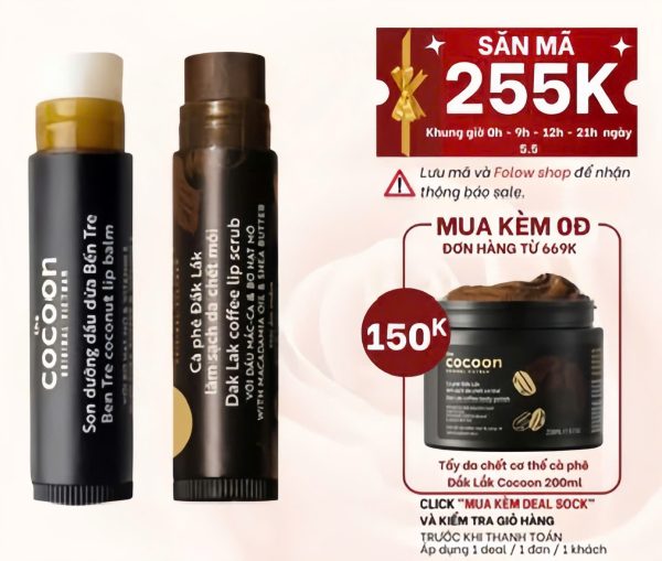 Combo son tẩy da chết môi Cà phê đắk lắk cocoon5g + son dưỡng môi dầu dừa bến tre cocoon5g