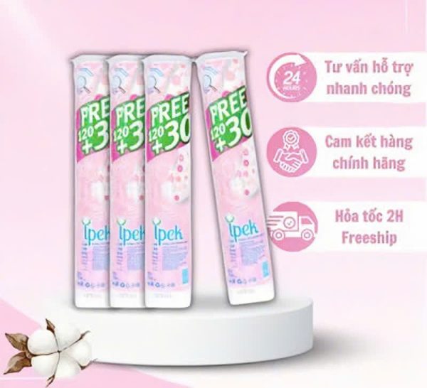 [Mua 6 tặng 1 bông] Bông tẩy trang IPEK 130 miếng 100% cotton mềm mịn, thấm hút tốt, siêu tiết kiệm